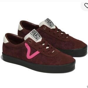 Vans Sport Low Skate Shoes Suede & Leather, Brown With Pink V-Stripe